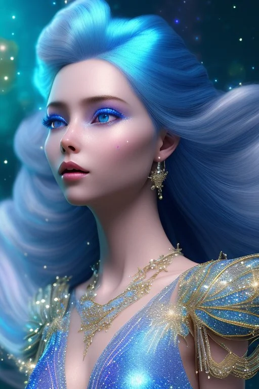 woman glitter blue fairy in a galactic ambiance, long blue hair, detailed gorgeous smile, delicate colors in the foreground, full of details, smooth, light effect，vaporwave colorful, smooth, extremely sharp detail, finely tuned detail, ultra high definition, 8 k, unreal engine 5, ultra sharpBeautyful smiling young woman, long hair amazing blue eyes, flowers, happy cosmic, bright colors, blue, pink, gold, jewels, realistic, photo real, clear sunny background, highly detailed, high contrast, 8k 