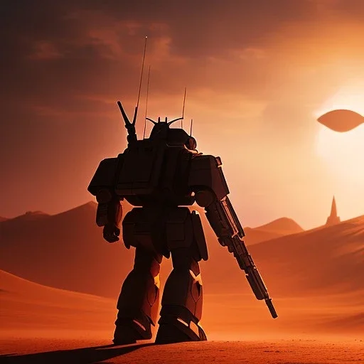 volumetric desert environment, Ralph McQuarrie style painting of an armored gundam with gun, floating in the air, highly detailed, renderman, duststorm at sunrise