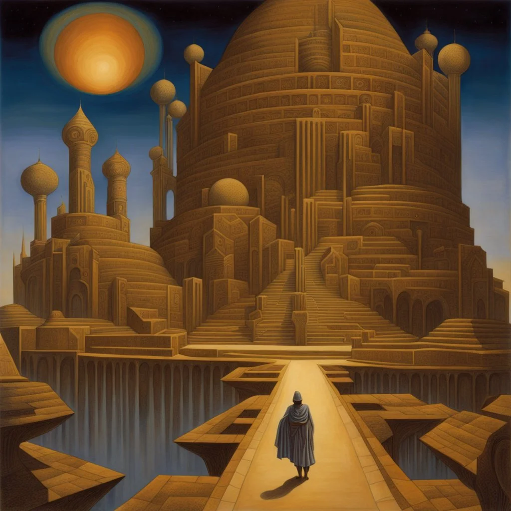 art by "John T. Biggers", painting, landscape , Feigned The Palace Beyond Good and Evil, at Dawn, Illustration, Hopeless, 70s Science Fiction, Provia, overly complex style