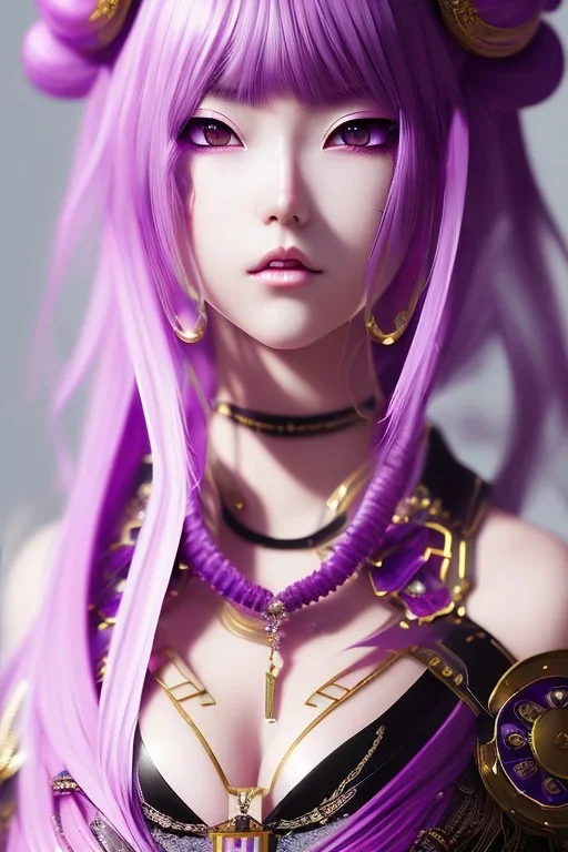 Detailed cute anime Kunoichi girl, purple hair buns, purple bangs, black latex bodysuit, intricate details, full body portrait, keep head in frame, slight smile, black Japanese motif, concept art, highly detailed, digital painting, concept art, sharp focus, illustration, art by Yoji Shinkawa, WLOP and greg rutkowski and alphonse mucha and artgerm and yanjun Chen and Junji ito and Makoto Shinkai, HDR, octane render