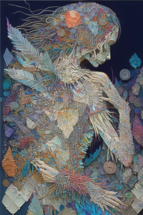 Partially skeletonized Girl cobbling together an "I' out of a patchwork quilt of many colors consisting of mixed media such as feathers, foliage, flowers, gemstones, and shiny trinkets; quilling, award-winning, masterpiece, portfolio piece Fantastical, Intricate, Hyperdetailed, Holographic, Magnificent, Meticulous, Mysterious