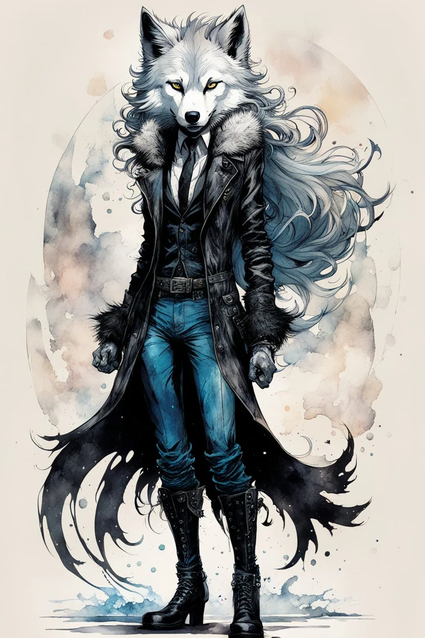 ink wash and watercolor full body concept illustration of an anthropomorphic, fanciful Arctic Wolf, goth punk thief girl character with wildly flowing hair, ornately dressed with highly detailed feathers and facial features in the comic book style of Bill Sienkiewicz and Jean Giraud Moebius, with a fine art aesthetic, highly detailed , boldly inked, 4k UHD cinegraphic quality