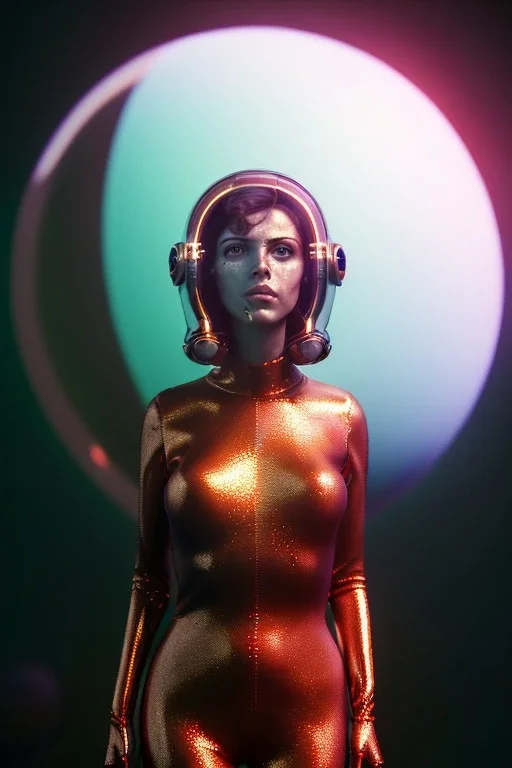 Ultra Realistic retro sci-fi scene, portrait, brunette woman, sweet Monica belucci face, perfect iris, glow eyes, makeup. Alien Saturn background, Retro sci-fi style, helmet, tight latex coat, fog, rain, soft color, highly detailed, unreal engine 5, ray tracing, RTX, lumen lighting, ultra detail, volumetric lighting, 3d, finely drawn, high definition, high resolution.