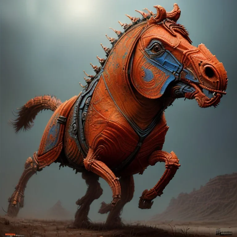 angry horse in orange and blue battle armor, a highly detailed illustration, background of Inka jungle, realistic render, 8 k, micro detail, intricate, elegant, centered, digital painting, Artstation, smooth, sharp focus, illustration, artgerm, tomasz alen kopera, peter mohrbacher, donato giancola, joseph christian leyendecker, wlop, boris vallejo