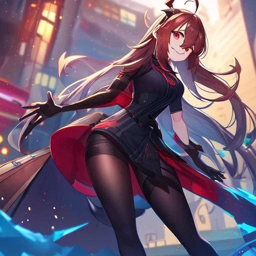 Clear focus,High resolution,High quality, Smiling,Wearing a Fortnite Inspired Outfit,Wearing black long socks, Black Long hair with a ahoge, Red eyes, Wearing black gloves