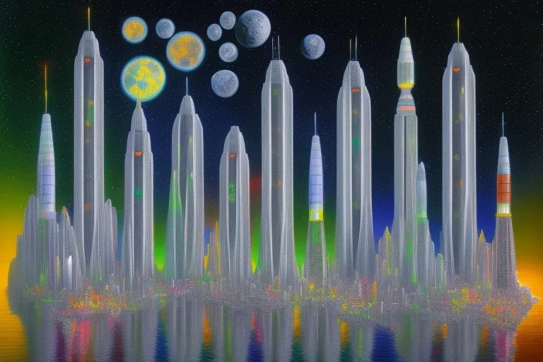 Impressionistic painting of one mile tall plastic "moon base" City Towers made out of stacked Rubik's Cubes, Orange, white, blue, green. Jewel tones