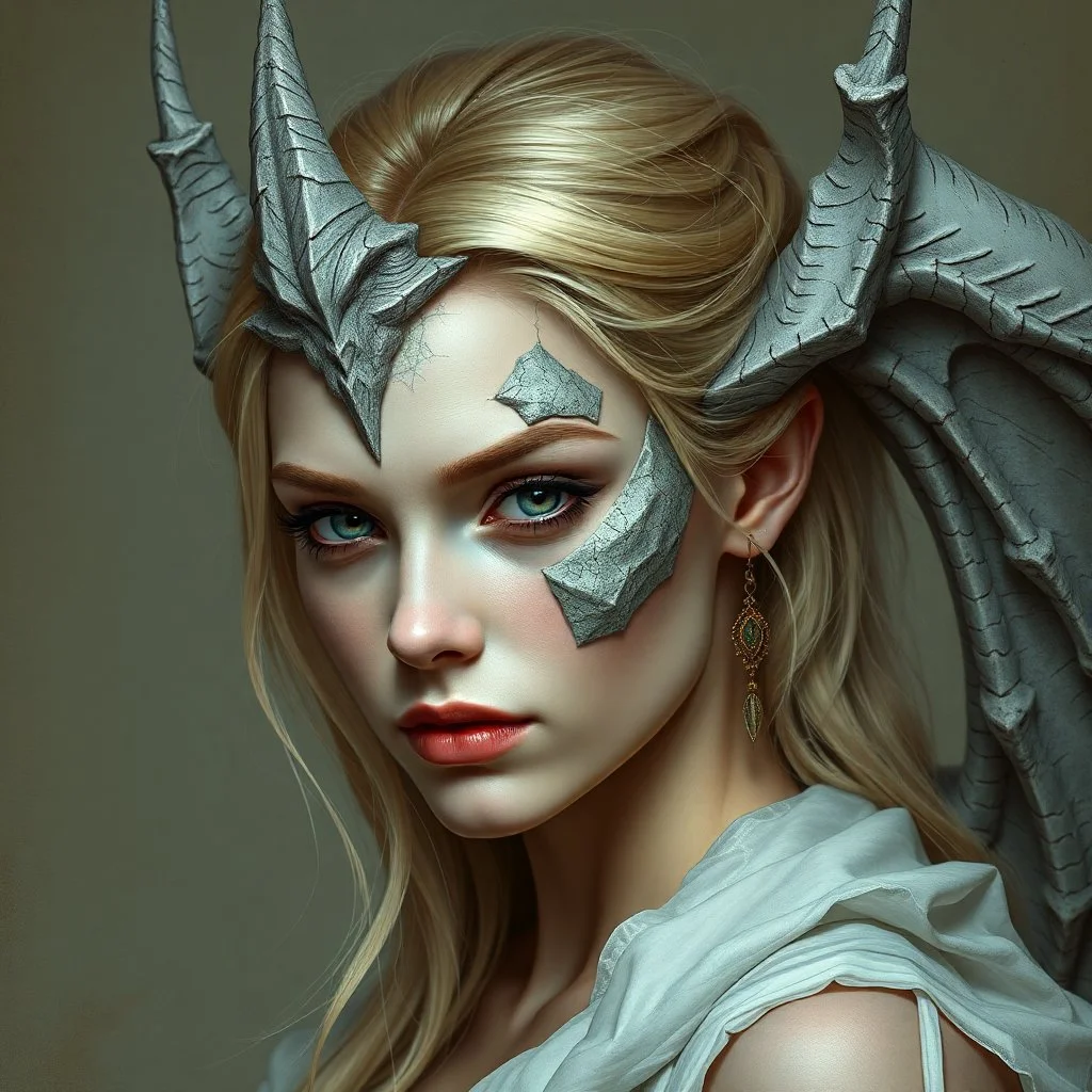 a portrait of an attractive blonde fantasy woman who is half human and half gargoyle, her face is partially made of stone