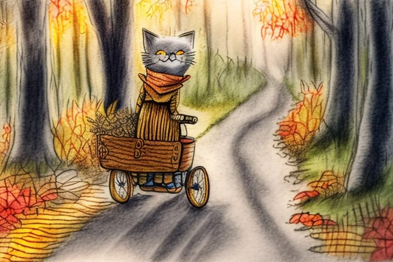 Cute little happy cat scarecrow riding a trike, forest path background, autumn, leaves swirling, waterfall, reflection, mist, sunrise, smooth intricate photorealistic hyperrealistic high definition beautiful lighting pencil sketch watercolor dramatic lighting storybook illustration polished Deep shadows deep color warm light