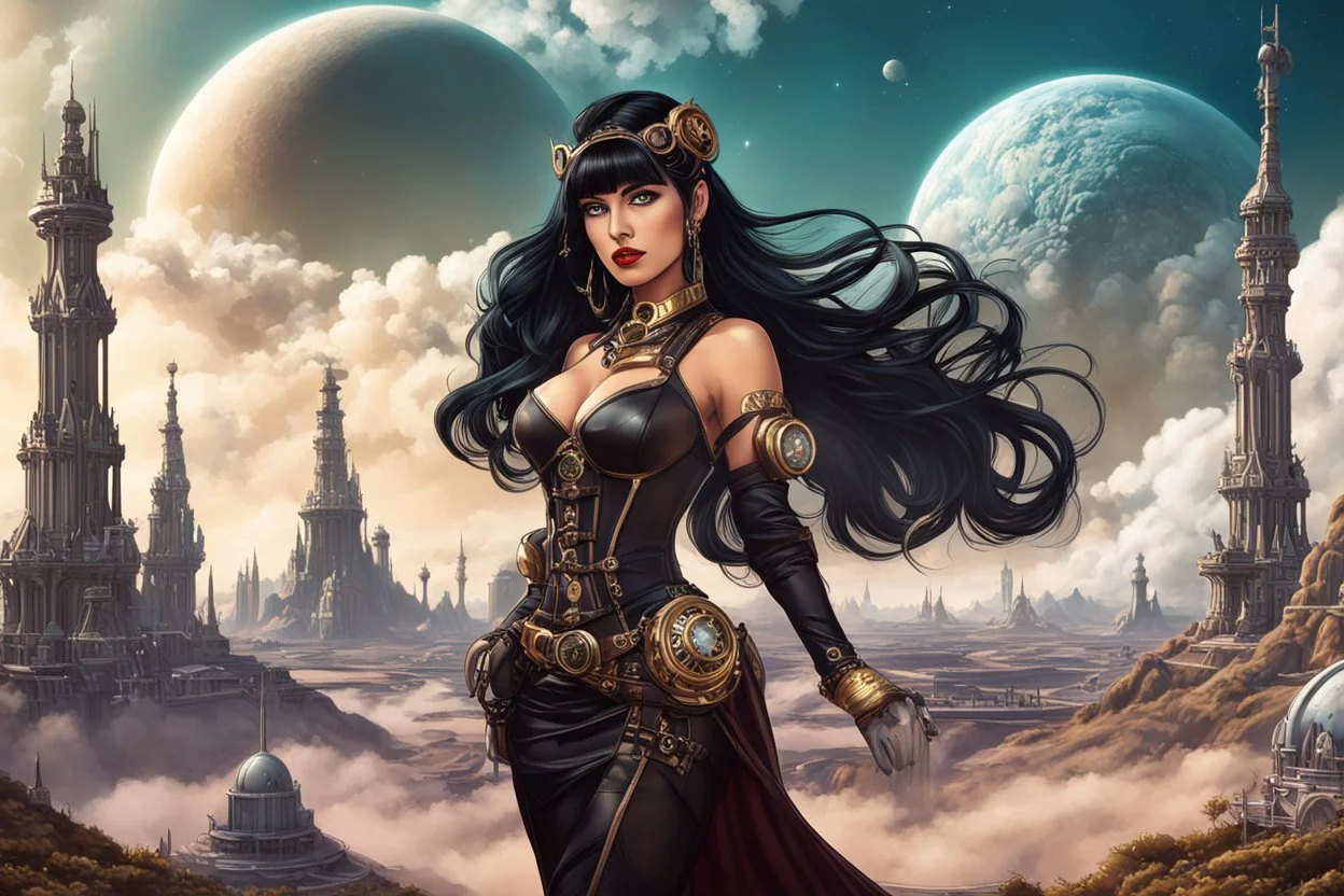 exotic sci-fi steampunk pin-up girl, with long dark hair with bangs, on an alien planet with cloud trees, tall spires, buildings, bridges, arches, photorealistic