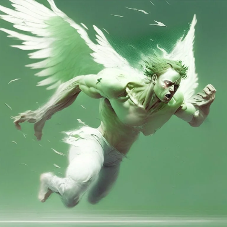angel hombre caido enojado volando a gran velocidad hacia arriba con piel verde palido y