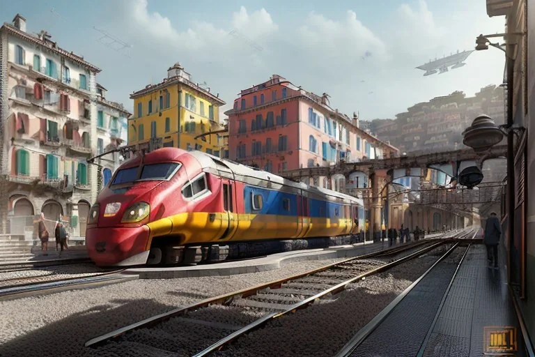 Train+Close up Train head+ corner metro station+Elevated Train pass+trains+corner building on sea+riomaggiore+corniglia+genoa street+Italian medieval town+sea+alphonse mucha, greg rutkowski,matte painting, cryengine, hyper detailed, felix kelly, fantasy art, seb mckinnon