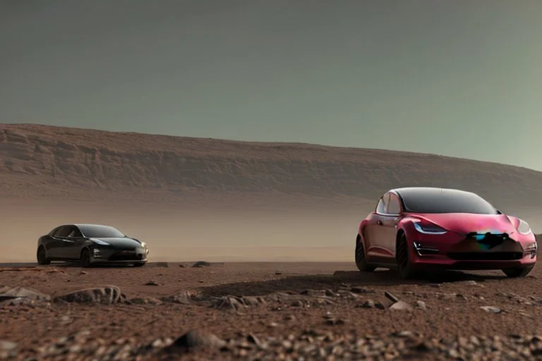 A Tesla 'Model Y' is racing at top speed, at the Cydonia region on Mars. (CINEMATIC, WIDE ANGLE LENS, PHOTO REAL)