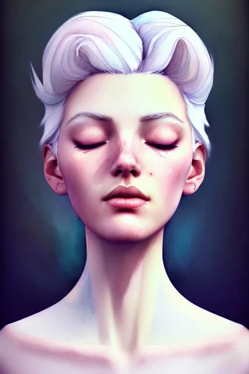 a woman, side profile, closed eyes, white hair, pastell, watercolor painting, white dress, paper texture, in the style of Camilla d'Errico, hyper detailed, beautiful, complex, trending on artstation, cryengine, national geographic photo, chiaroscuro