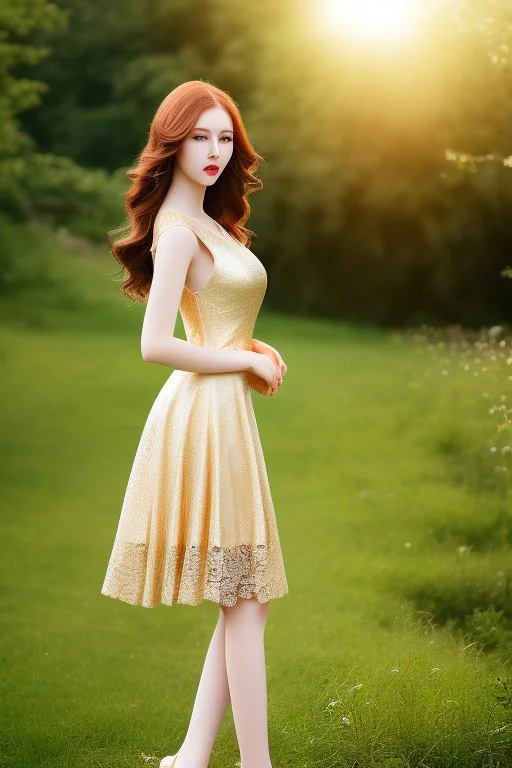 full shot body of very beautiful Woman with pale skin makeup , green eyes, long auburn hair, and high fashion sexy model gold dark lace dress , nice sport shoes. country side ,river ,country houses ,sharp focus