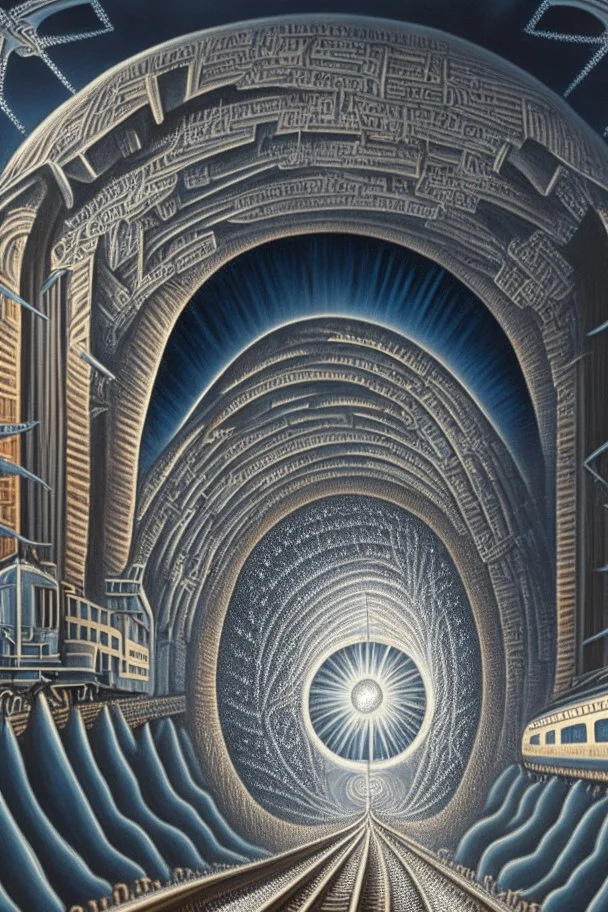 Then it comes to be that the soothing light at the end of your tunnel Was just a freight train coming your way; intricately detailed surreal optical art, award-winning,