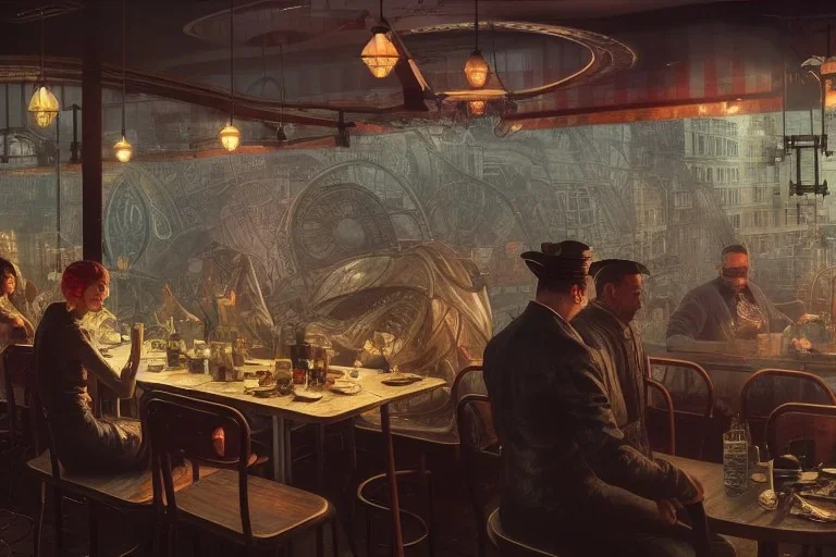 American Diner in a old european harbour+Gothic city+ BioShock+Dishonored+Bloodborne +trieste+Edinburgh+Chicago+victorian London+decòpunk Skyscraper+ +steampunk+biopunk+alphonse mucha, greg rutkowski, matte painting, cryengine, hyper detailed, felix kelly, fantasy art, seb mckinnon