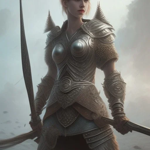 female warrior, dnd character, freckled pale skin, intricate engraving steel armor, volumetric lighting, mist, dawn, seaside background, intricate, elegant, well composed, extremely detailed, hyperrealism, sharp focus, trending on artstation, trending on cgsociety,