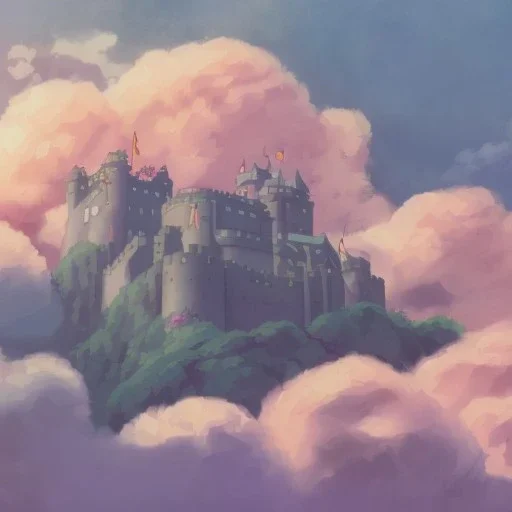 castle in the sky, with flowers of fire. Green clouds and birds. Shy wizard cat going out of the main gate. Detailed painting, sharp color, medieval, intricate detail, far sceen, realistic colors, medieval concept art. spring.