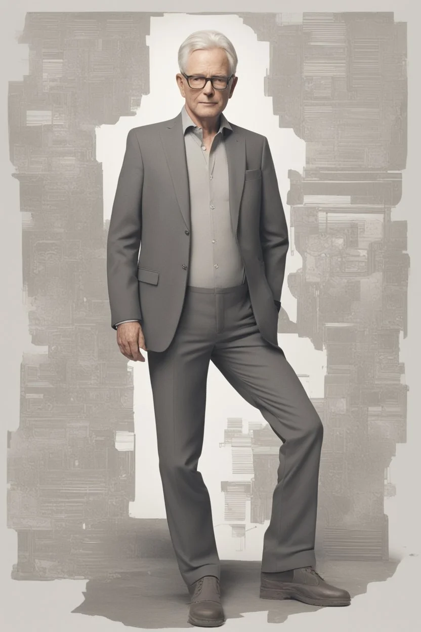 A full body portrait of a man in his 50s. From the future. looks unpleasent