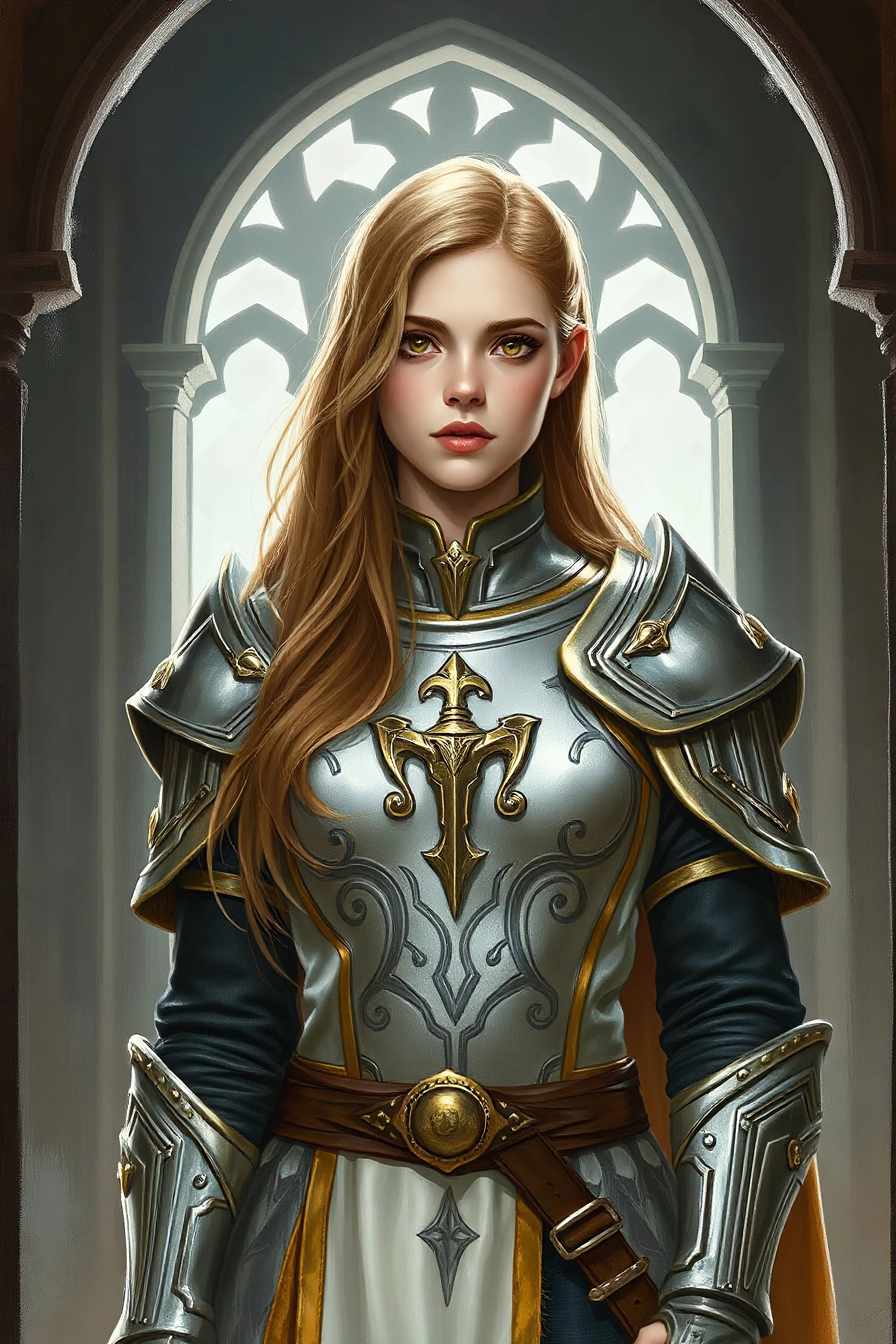 draw a young white female cleric from dungeons and dragons. long honey brown hair and brown eyes. wearing silver and gold cleric armor with a symbol of a gauntlet on the chest. Standing inside of a religious altar in a shrine. Realistic oil painting artstyle.