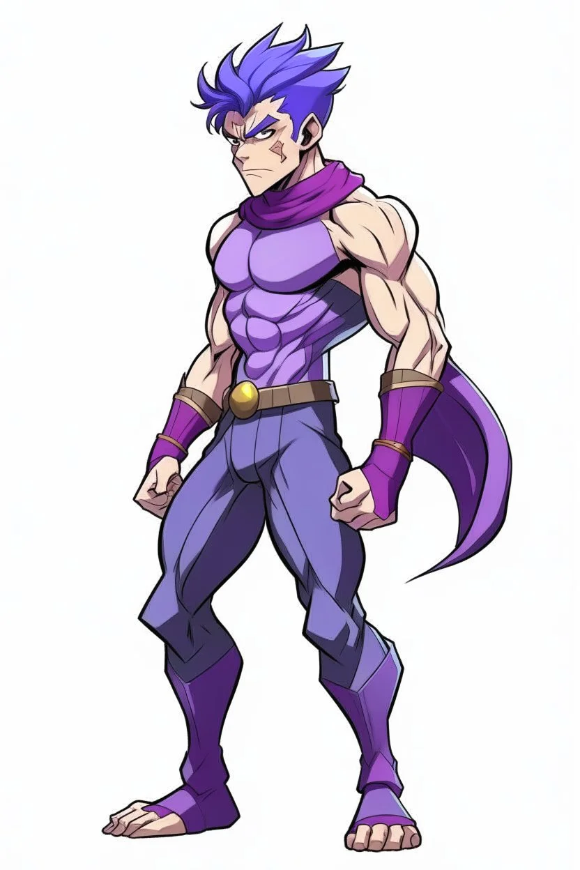 Anime man side character with magnetic abilities, too small muscles, aged 23, purple hair , wearing a purple superhero suit