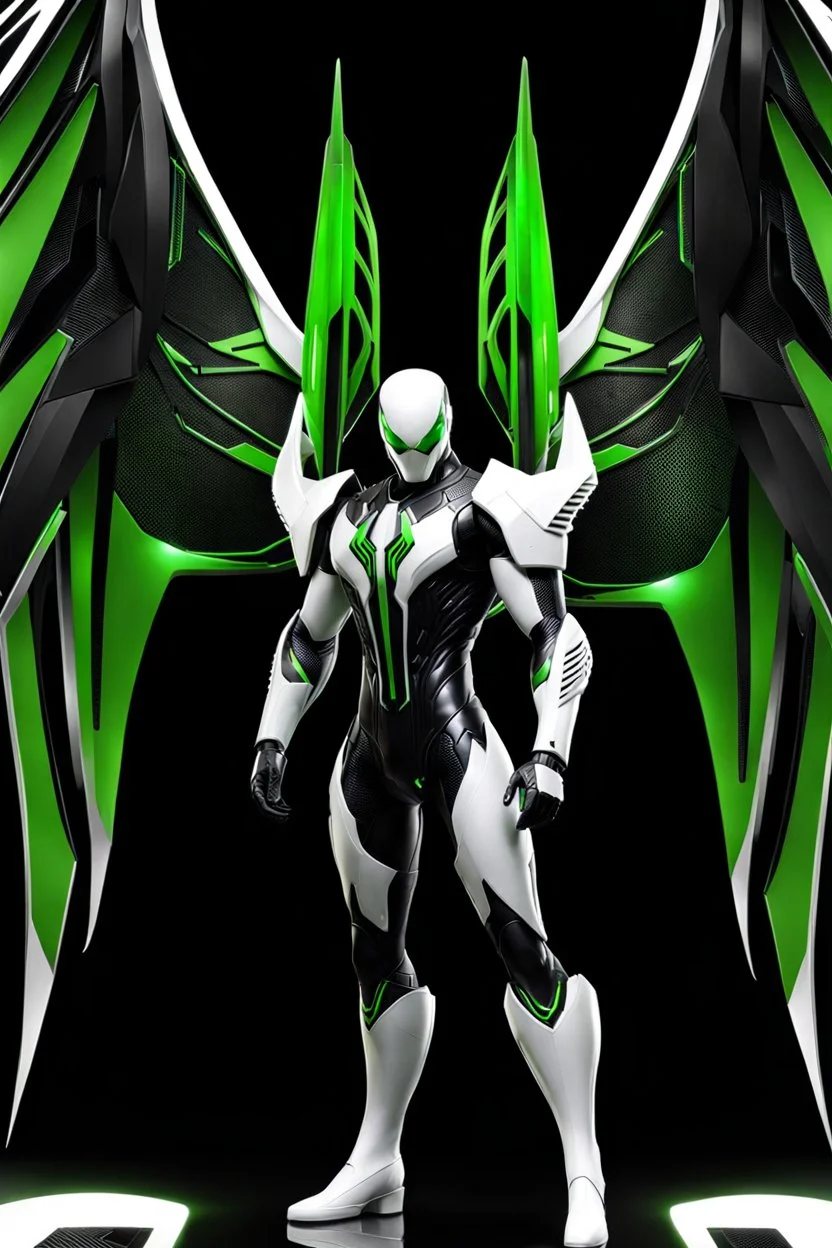 Cyborg symbiote, white color, green color, tendrils, high tech, cyberpunk, biopunk, membrane wings, carbon fiber