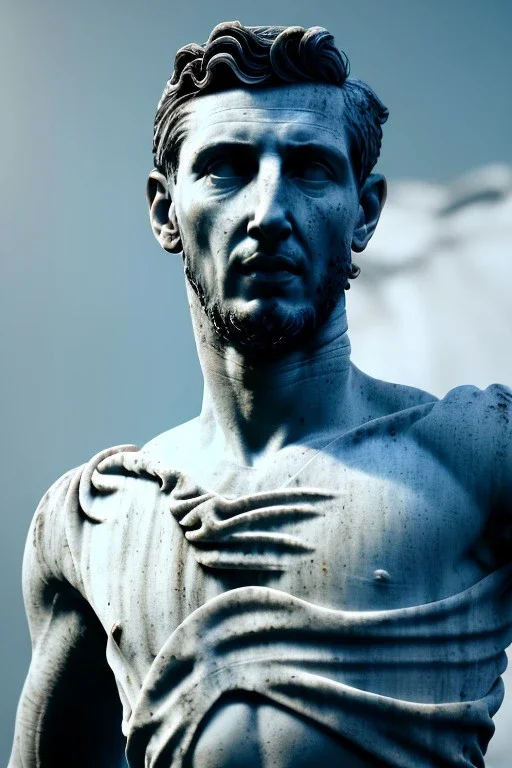 Ultra Realistic image, roman sculpture, deluxe white marble material, Angel di maria soccer player, Renaissance style, miguel angel style, chisel style, emperor, waist up portrait, epic, celestial, cinematic lighting, God light, god rays, 4k resolution, smooth details, ornate details, unreal engine 5, blue sky background.