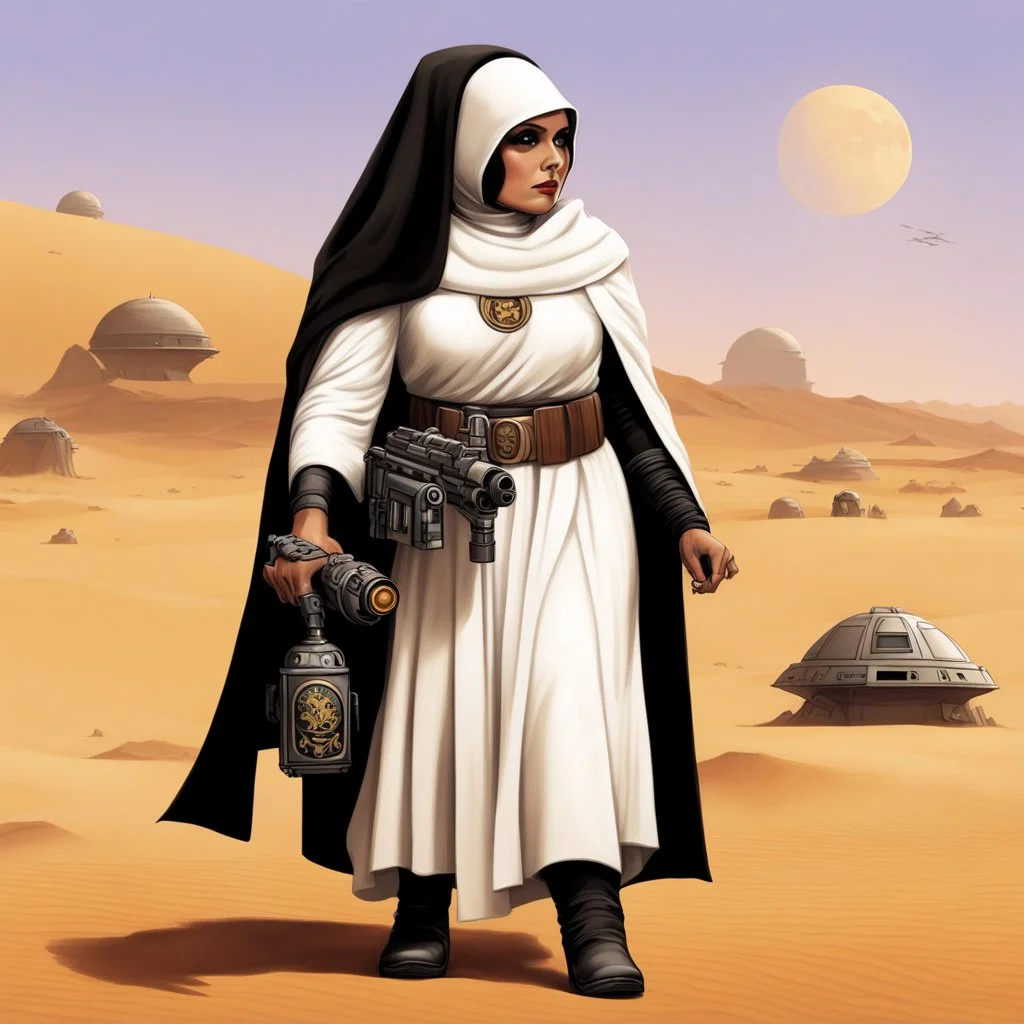Princess Leia as a tattooed gangsta nun in her iconic Tatooine outfit, her Jawa friend is on her side, they are fierce and ready to fight