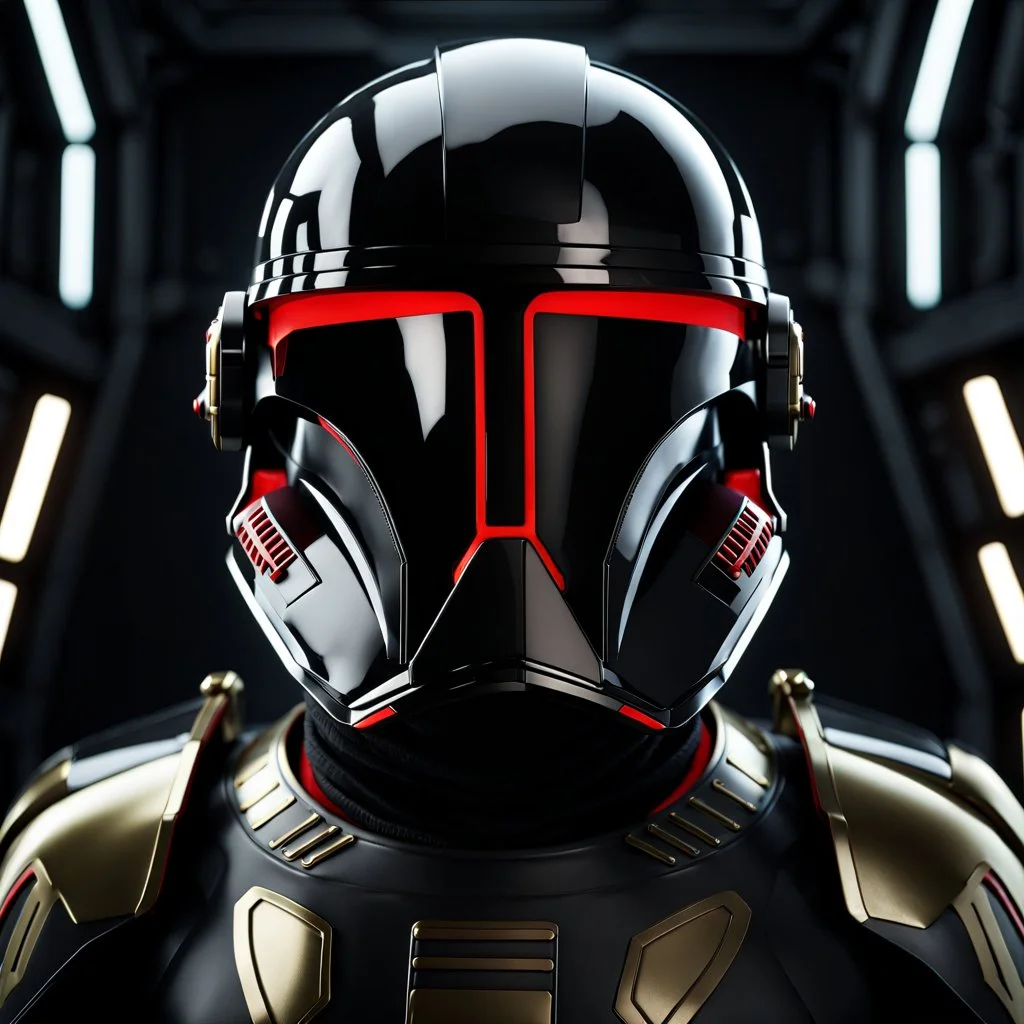 star wars bald male corellian pilot wearing pearlescent black and gunmetal grey First Order special forces heavy assault stealth commando armor and helmet with gold and red trim inside the jedi temple, hyperdetailed, dynamic lighting, hyperdetailed background, 8k resolution, volumetric lighting, light skin, fully symmetric details