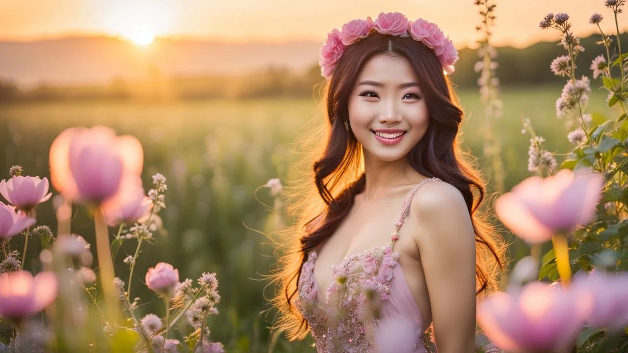 A gorgeous smiling Asian model in a fairy outfit in a field of flowers at sunset a crystal castle at background