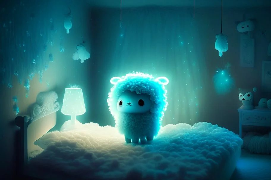 bioluminescent chibi alpaca fairy in a bedroom in starshine, mist