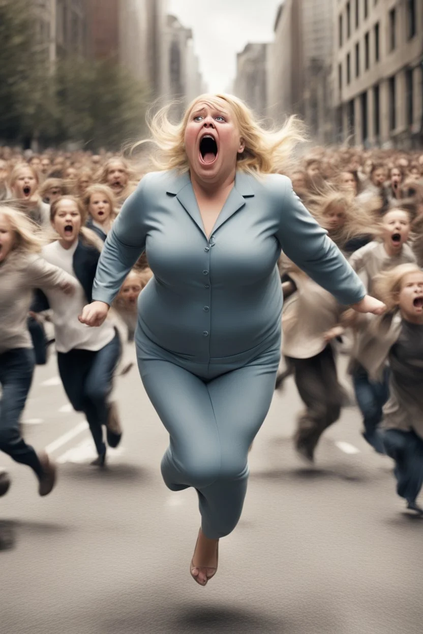 an obese terrified blonde woman crying and sobbing in a pant suit desperately running away from an angry mob of thousands of kids chase her down a city street throwing books at her