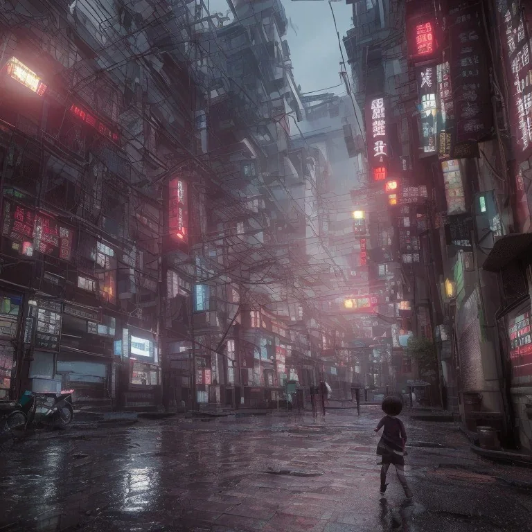 ciberpunk, big street empty tokyo, children lost, rain, intricate, xtreme detailed, 4k, unreal engine 5, photorealistic