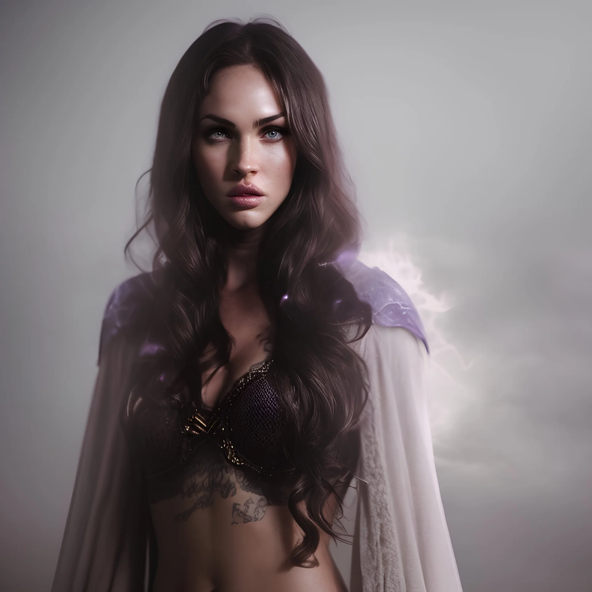 photoreal megan fox as powerful elf lightning wizard in thick purple orange fog by lee jeffries, octane render, 8k, high detail
