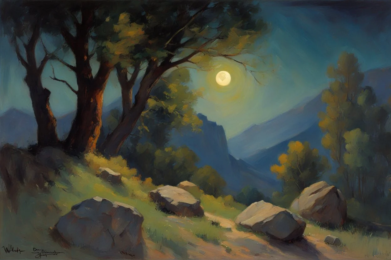 Night, trees, mountains, rocks, wilfrid de glehn and otto pippel impressionism paintings