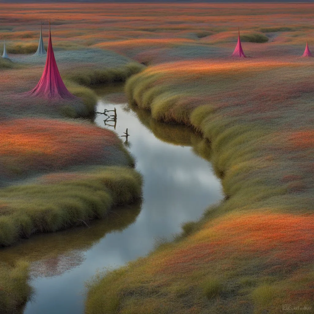 Odd swamp landscape with odd beings, surreal, abstract, Max Ernst style, 120mm photography, sharp focus, 8k, 3d, very detailed, volumetric light, grim, fine art, very colorful, ornate, F/2.8, insanely detailed and intricate, hypermaximalist