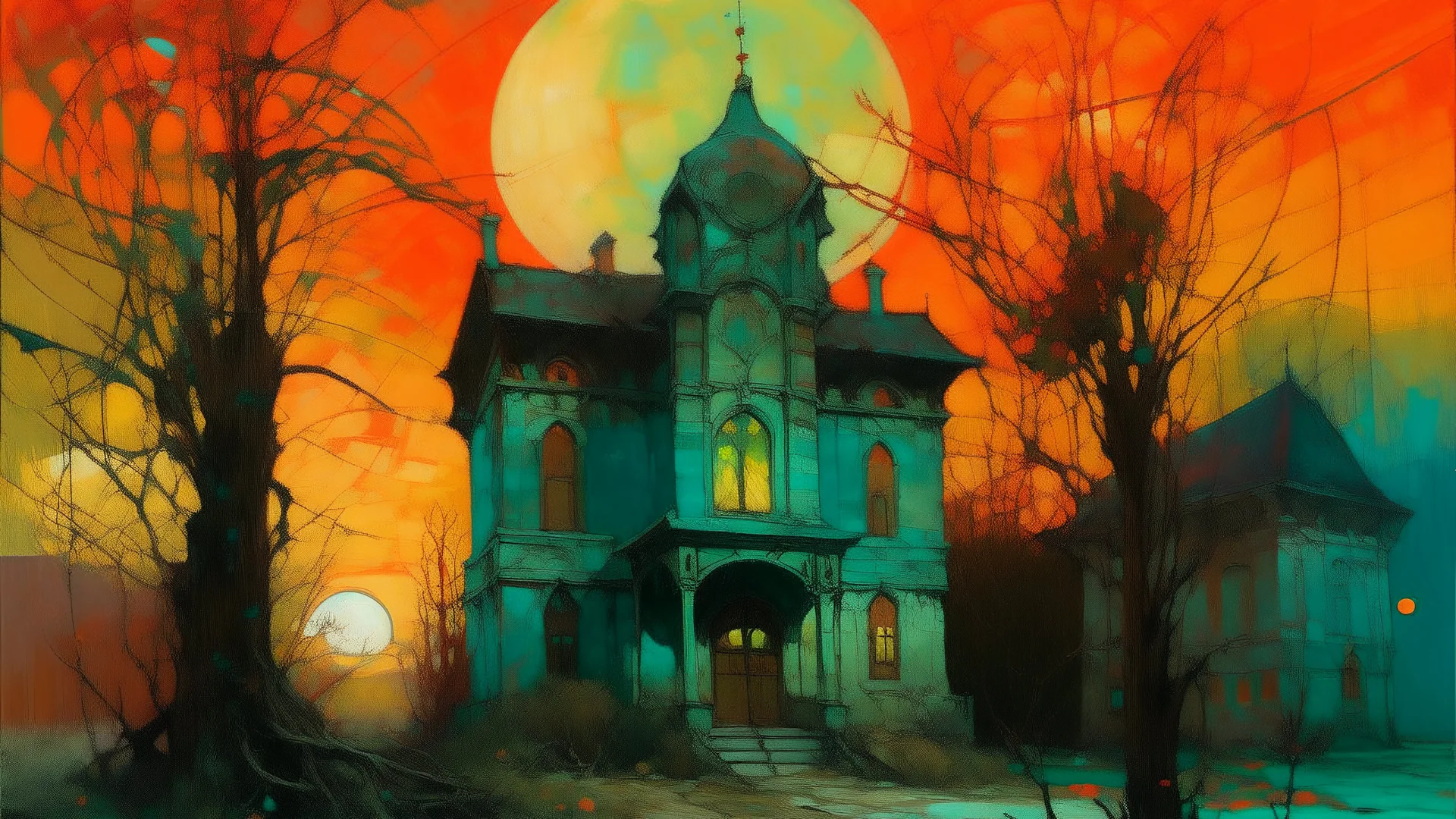 A surreal, impressionistic painting depicts a weathered, teal-colored building with a tall tower against a vibrant, fiery orange sky. A large, luminous orange orb, possibly a sun or moon, dominates the upper right portion of the sky. Bare, dark trees with intricate branches frame the building on the left and are scattered throughout the background. The building itself appears aged, with visible cracks and peeling paint. Red doors and window frames offer stark contrasts to the teal facade. In the