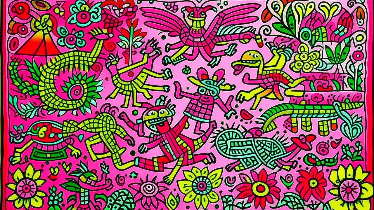 A pink kingdom with fairies designed in Kuna Molas painted by Keith Haring