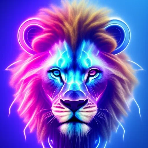 A beautiful portrait of a cyborg lion blue neon color scheme, high key lighting, volumetric light high details psychedelic background