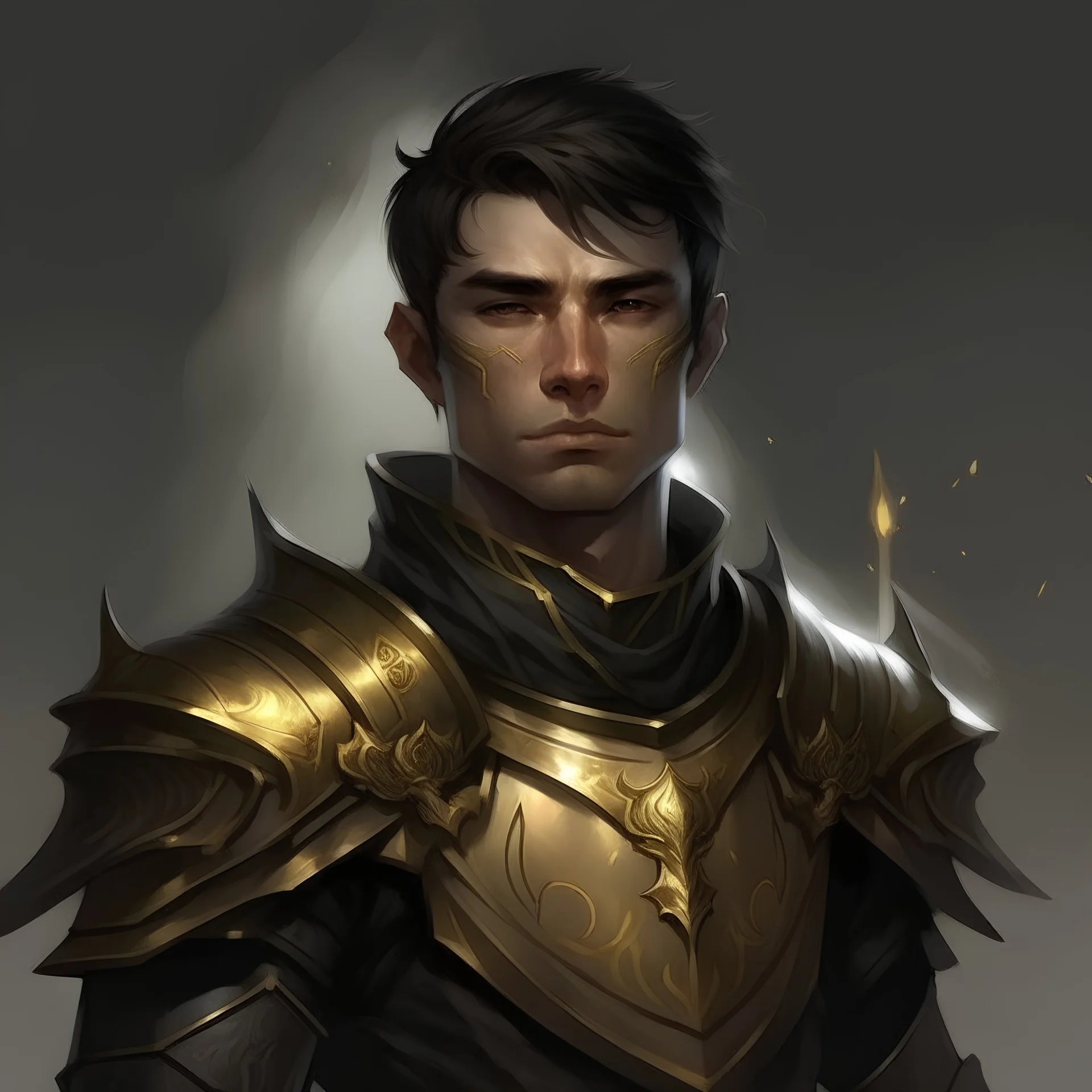 For DND character portrait: Aasimar male, in shining armour. Ghostly halo above his head. Short hair. He is about 30 years old. Dark hair, and black and gold armour. Even shorter hair.