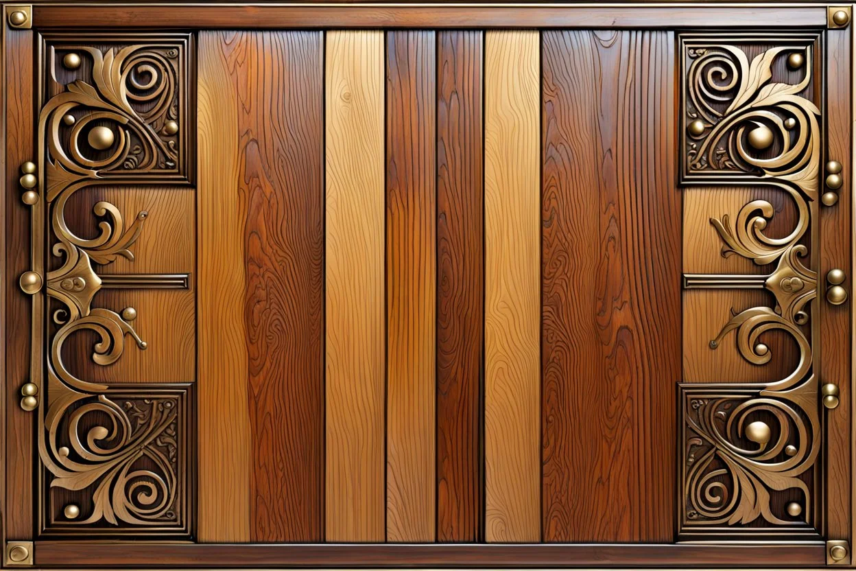 wood panel background with decorative western style brass elements in each corner