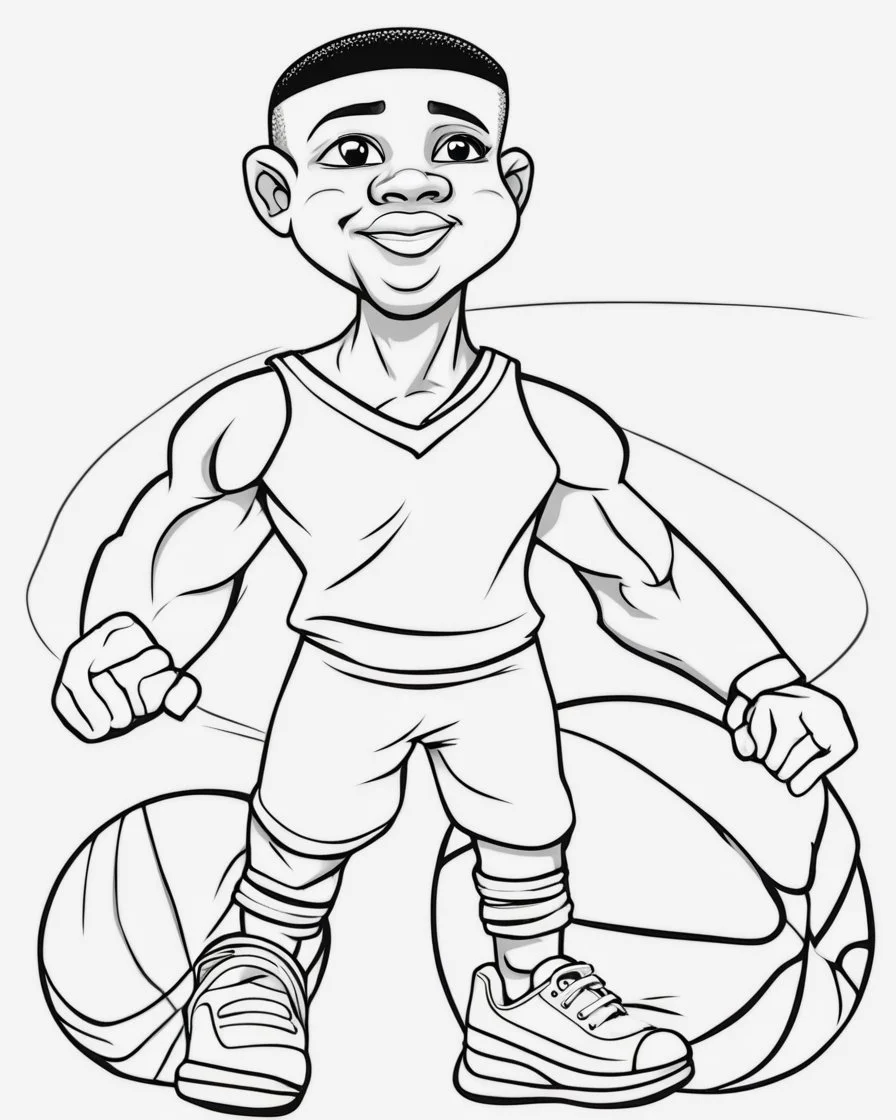 coloring page, depicting a black kid as an Athlete, full body, outline, black and white, highly defined, white background, empty background, cartoon style, coloring book style