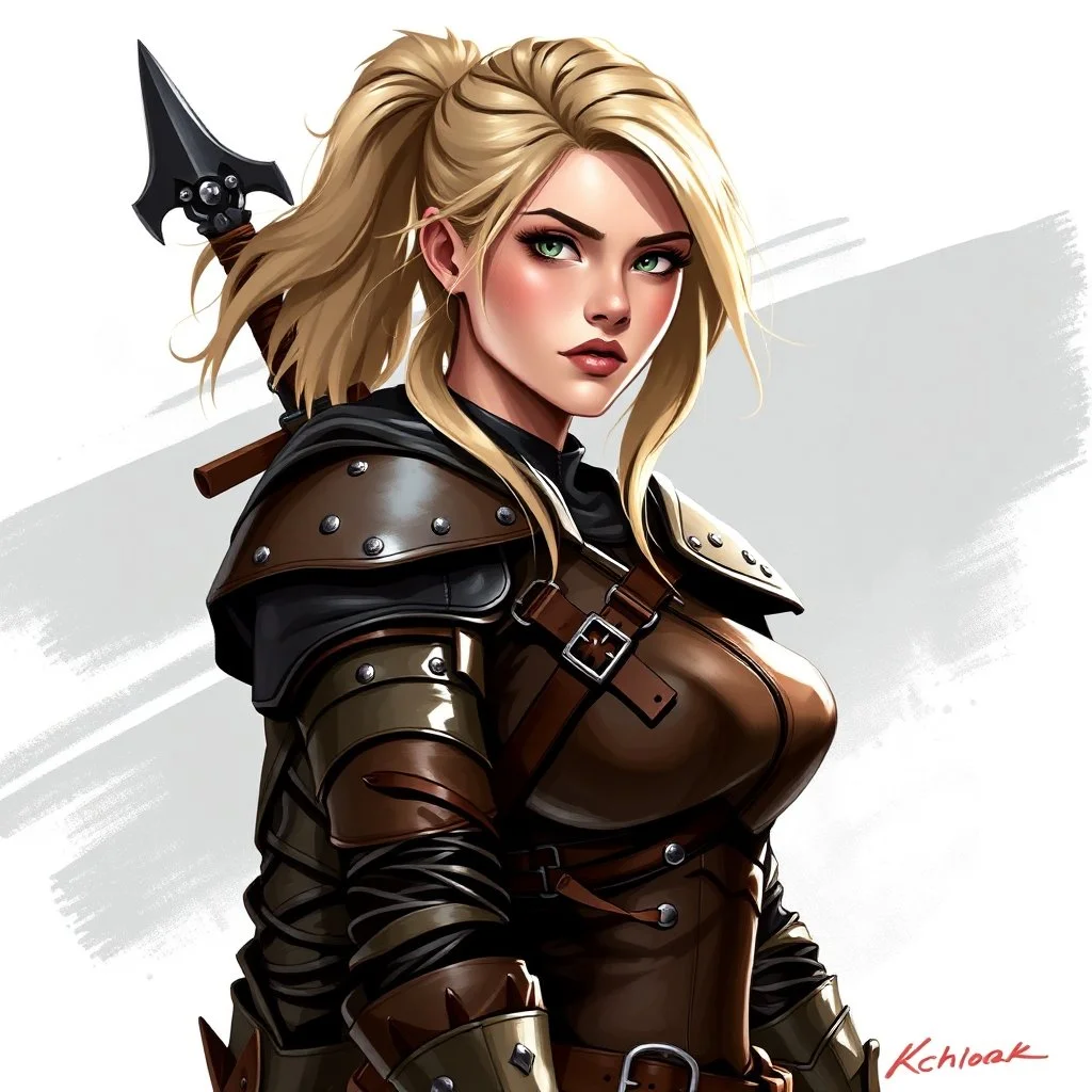 an attractive blonde warrior woman, leather armour, digital art, stylised