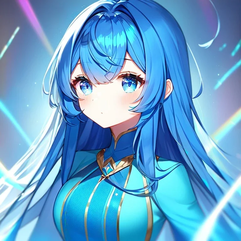 girl, masterpiece, best quality, volumetric lighting, detailed outfit, perfect eyes, blue hair, blue eyes, long hair, vibrant colors, shy