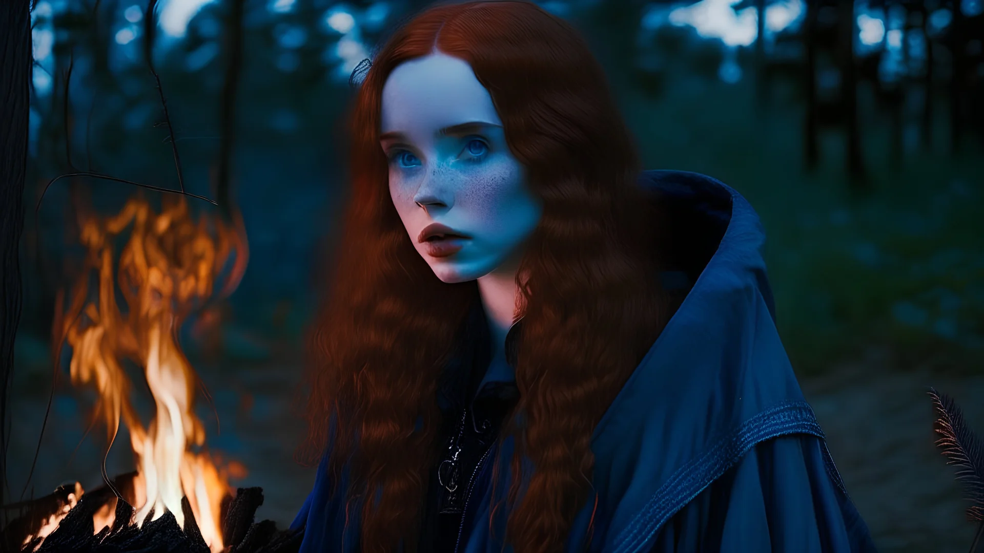 beautiful goth natural redhead with blue eyes, in the 80s slasher horror camp, near the bonfire. Looks like young Ellen Page. Full Body. Skinny hourglass bodyshape. Without bangs.