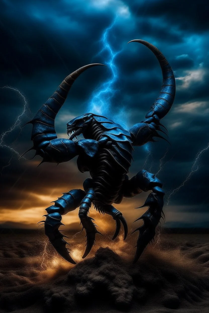 Black emperor Scorpio emblem on a burning landscape background With its Tail curled up behind his back ready to strike and from claws grasping under a storming sky with blue lightening striking around it