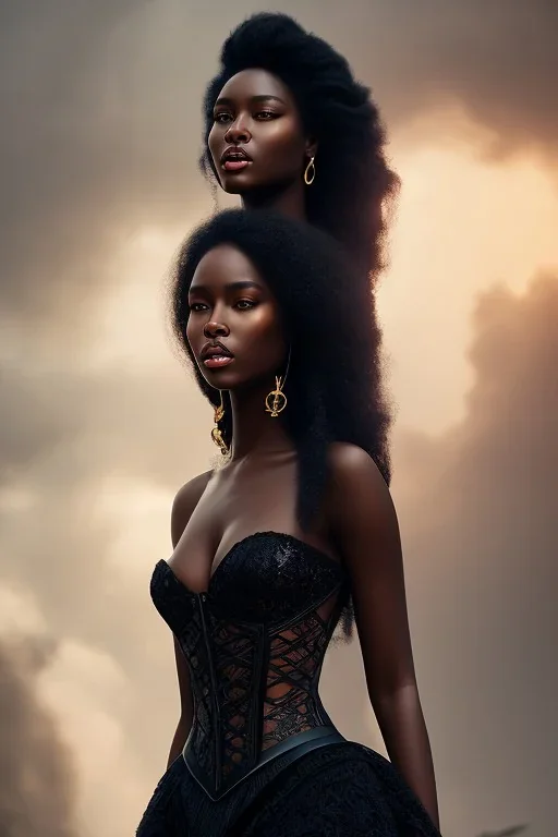 A portrait of a beautiful curvaceous black woman with long black hair, wearing a lace black corset, wizard, magical, ethereal, intricate, sharp lighting, misty. Concept art by wlop. Ultra quality 8k.