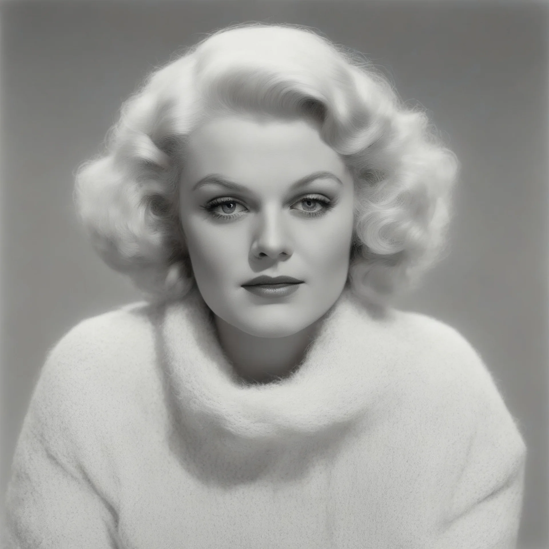Jean harlow, in a woollen sweater, white bacground