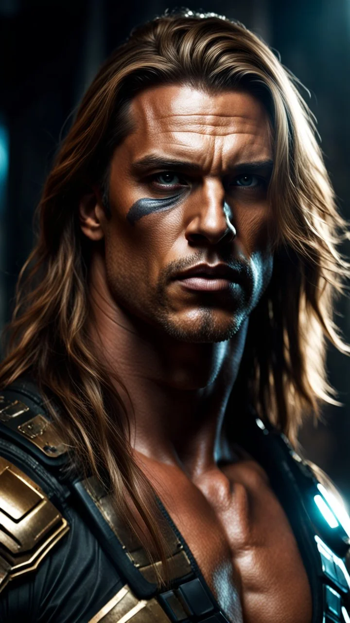 portrait of a 35 year old Handsome muscular mercenary with light bronze skin and long hair. dark science fiction. photorealistic