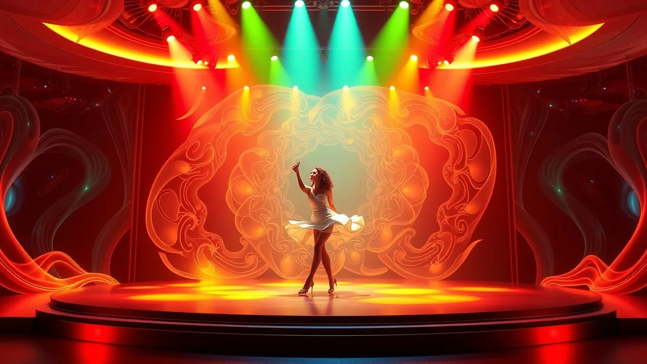 modern stage with artistic decoration , color full dynamic lighting, a beautiful lady in modern clothing dancing, 3D recursive fractal structure animating background